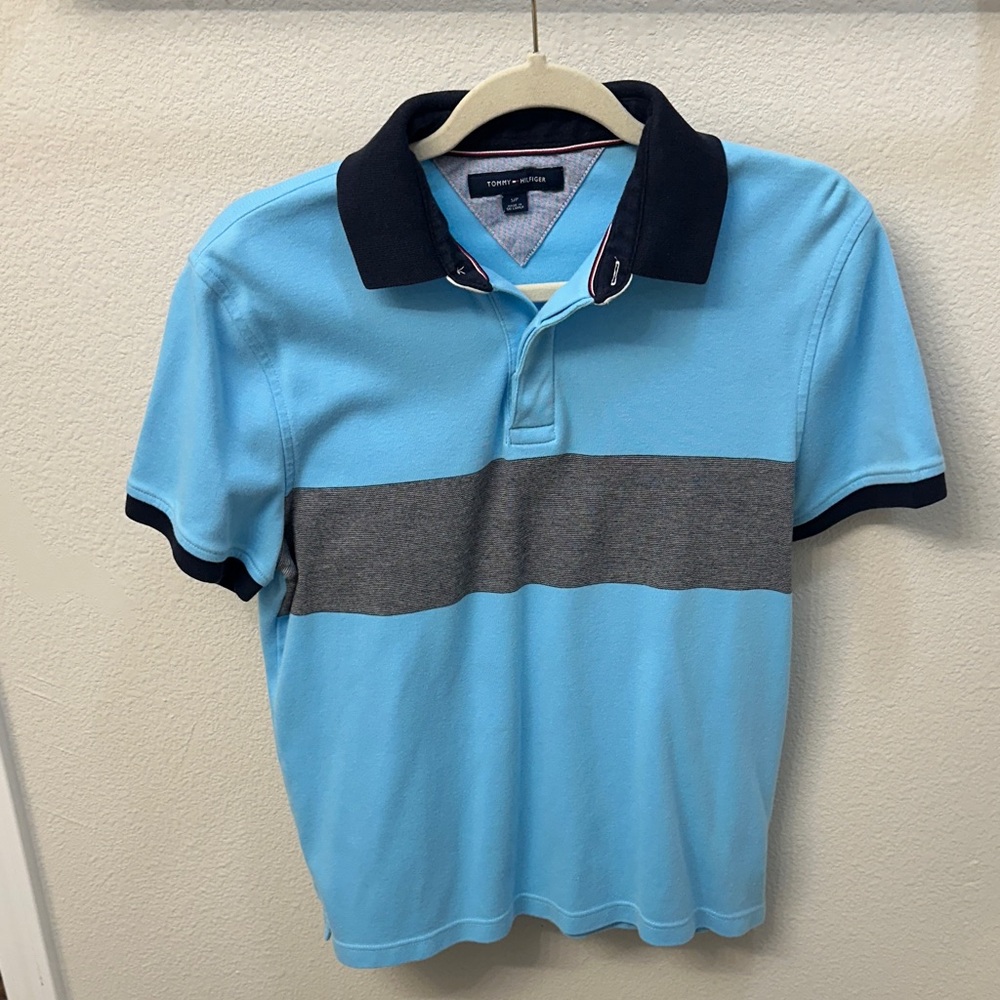 Tommy Hilfiger Light Blue Polo with Navy Collar and Gray Chest Stripe
